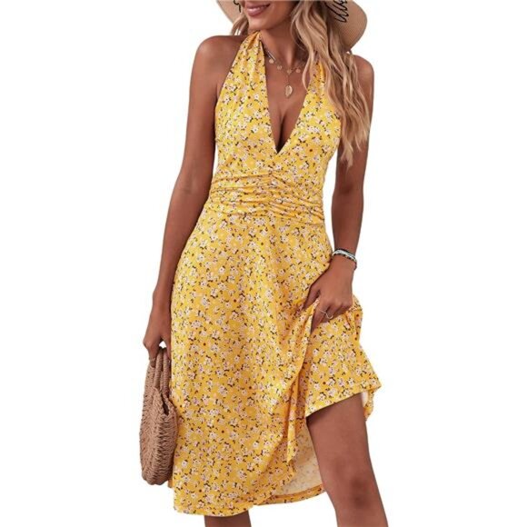 Women's 2024 Summer Sundress - Sleeveless‎ Halter Neck, Boho Floral, Ruffle Mini - Picture 1 of 7